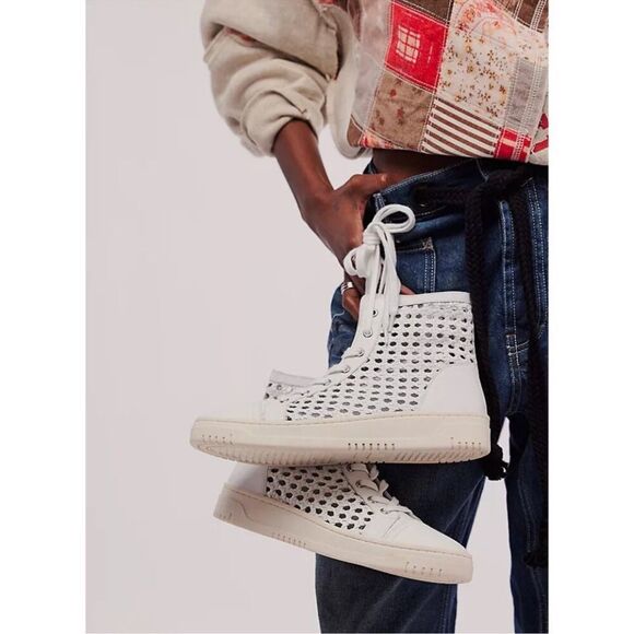 Free People Hayes High Top Sneakers Lace Up Side Zip Woven Ivory White - Picture 3 of 13